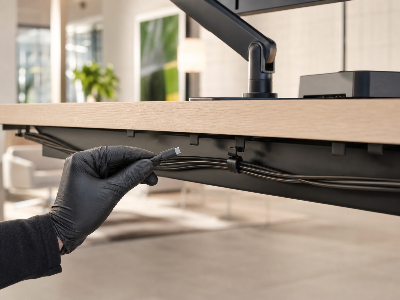 A gloved hand routing cables in an under-desk tray as part of the optional Full Cable Management System