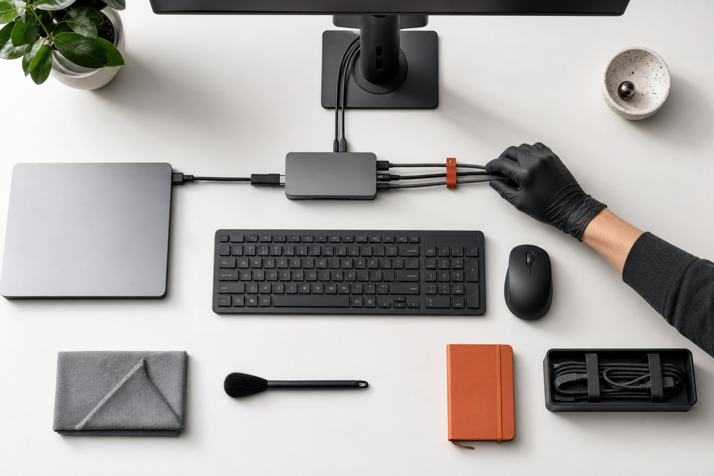 Overhead view of a perfectly ordered workstation: aligned keyboard, coiled cables in a black tray, folded gray microfiber cloth, detailing brush, and a gloved hand settling the final cable