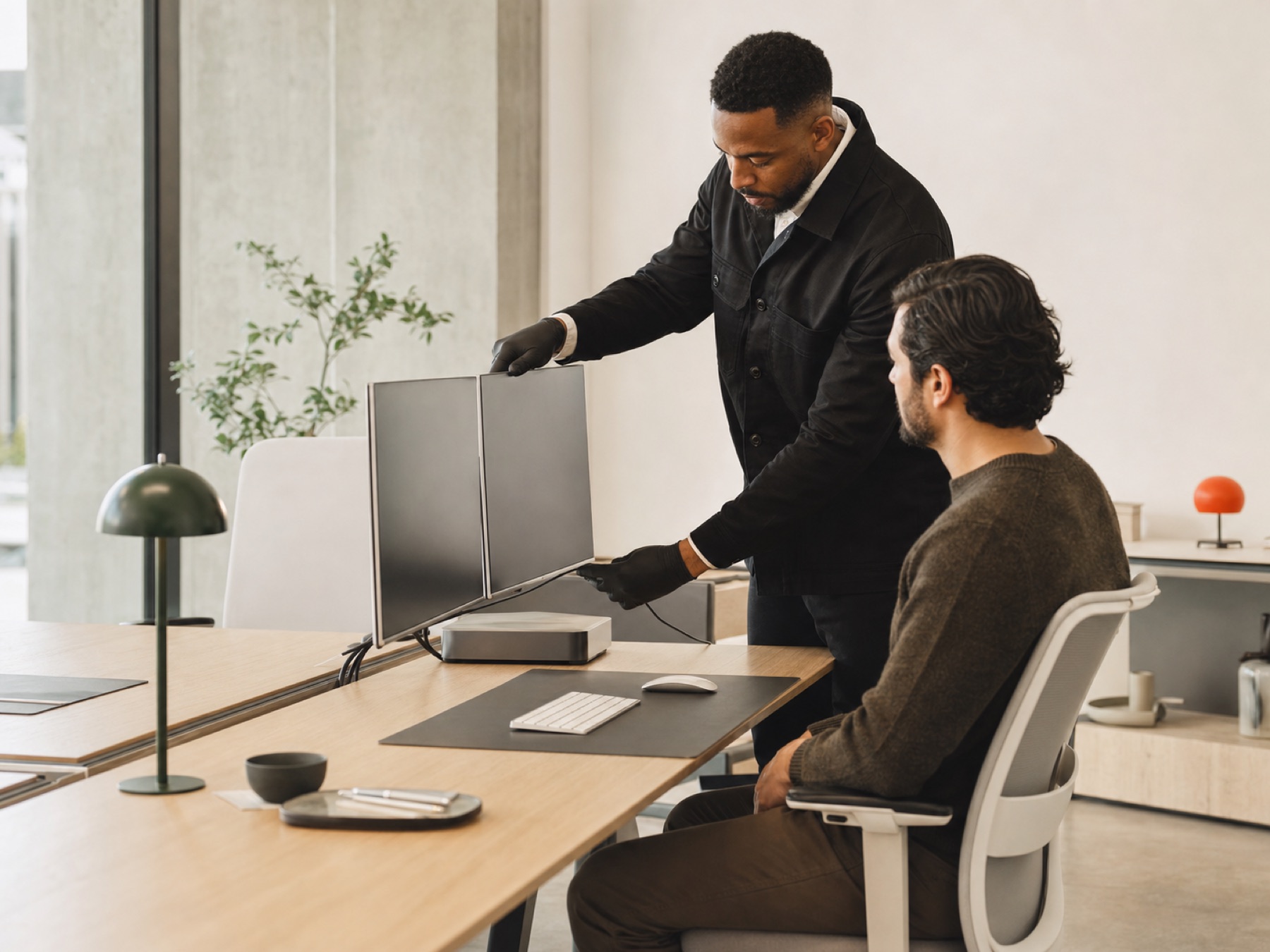 A Workspace Valet specialist in a black chore coat and gloves carefully adjusting a monitor while an employee continues working